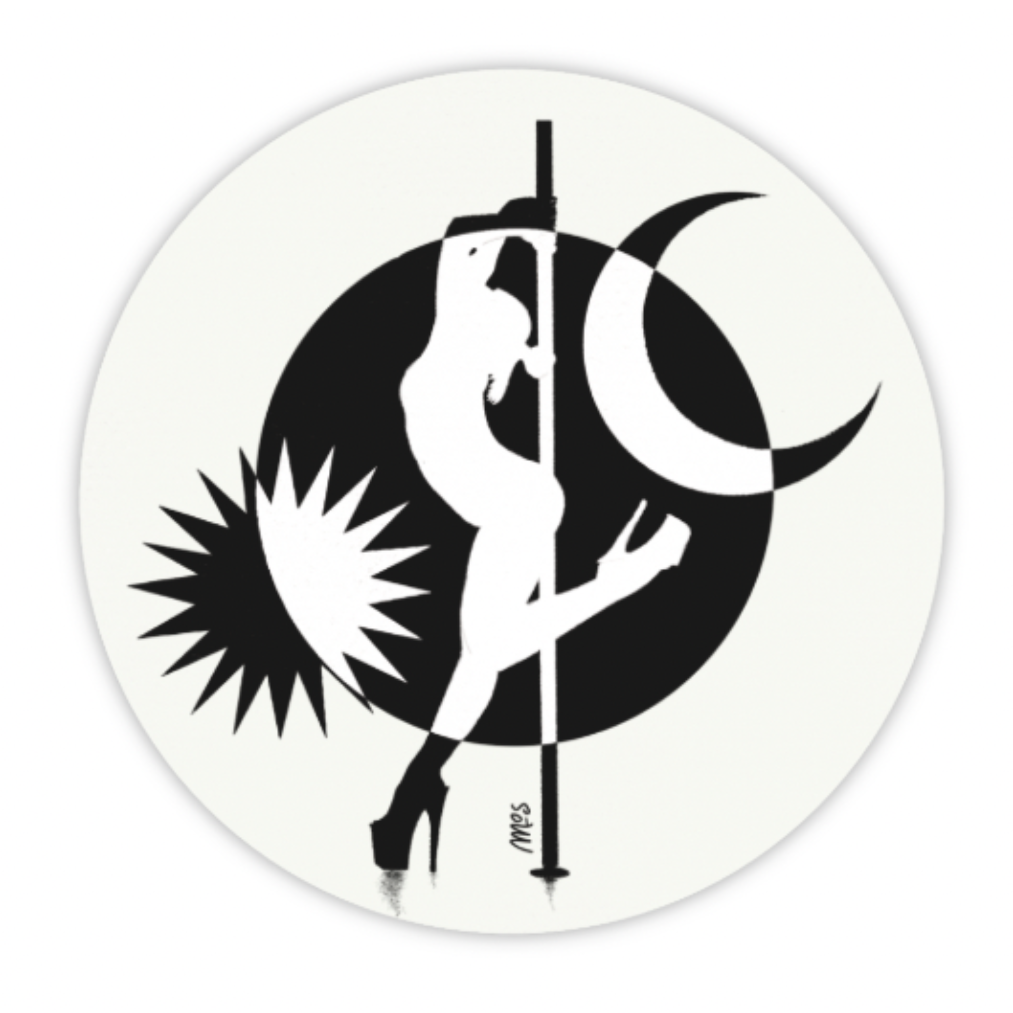 Monochrome sticker of a pole dancer in high heels silhouetted against a sun, moon, and crescent backdrop.