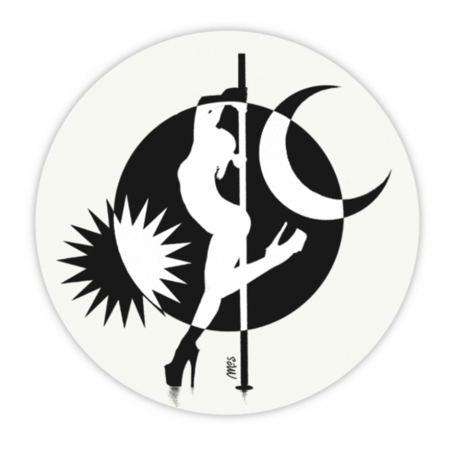 Monochrome sticker of a pole dancer in high heels silhouetted against a sun, moon, and crescent backdrop.