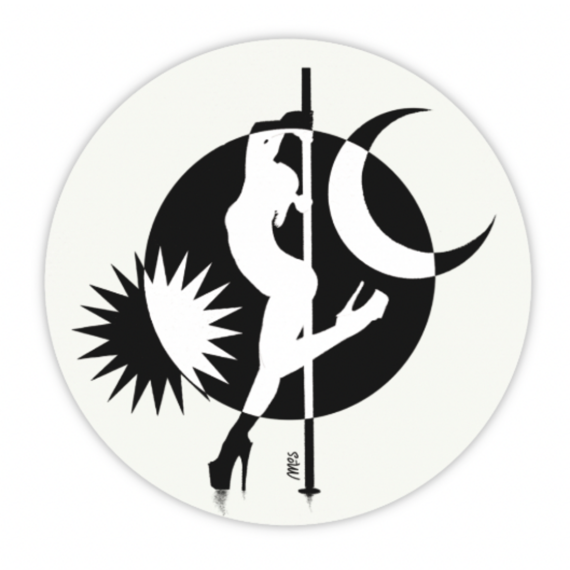 Monochrome sticker of a pole dancer in high heels silhouetted against a sun, moon, and crescent backdrop.
