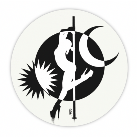 Monochrome sticker of a pole dancer in high heels silhouetted against a sun, moon, and crescent backdrop.
