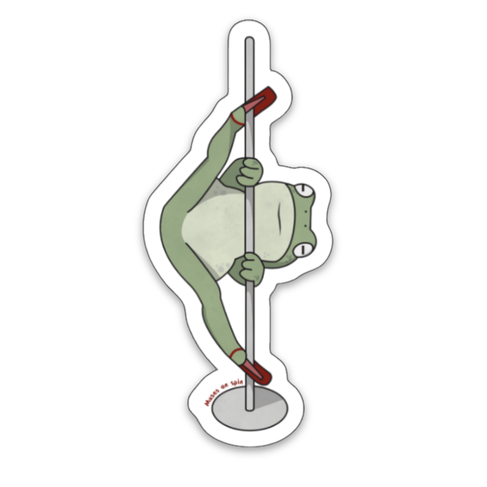 Cute green frog pole dancing in red heels, doing the splits and gripping a pole with a blank expression.
