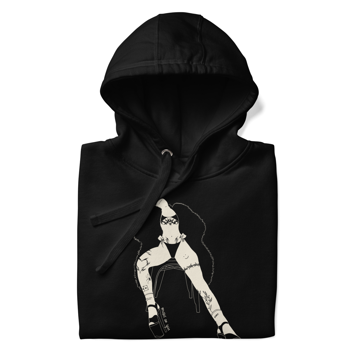 Black hoodie with a white graphic design of a woman sitting on a chair, wearing a bikini and a large fluffy coat on a white background