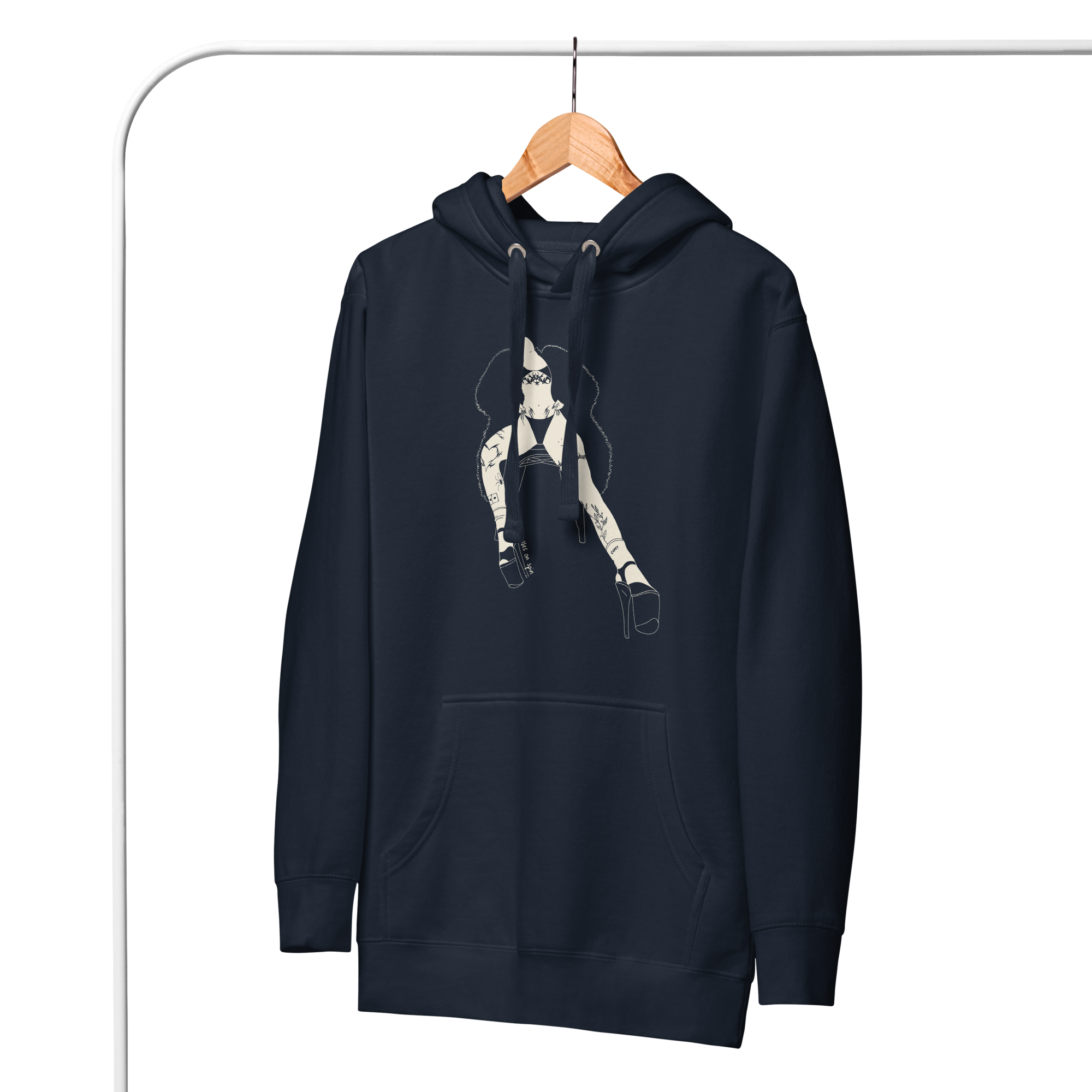Navy blue hoodie with graphic design of a woman sitting on a chair, wearing a bikini and a large fluffy coat, on a hanger against a white background
