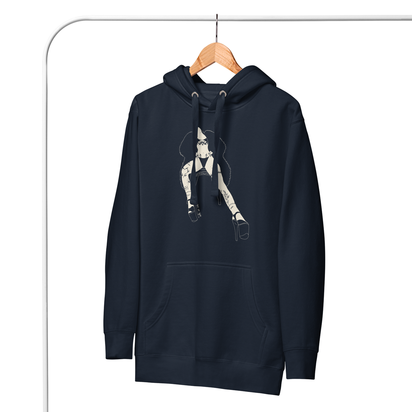 Navy blue hoodie with graphic design of a woman sitting on a chair, wearing a bikini and a large fluffy coat, on a hanger against a white background