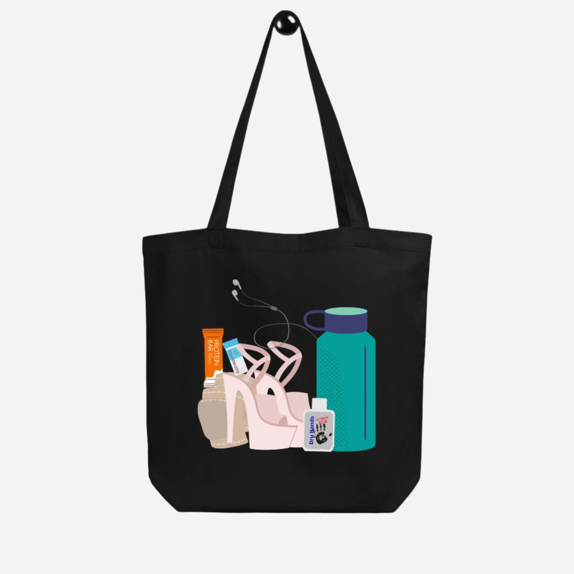 Black tote bag with a design showcasing the usual contents of a pole bag - a water bottle, heels, knee pads, grip aid, a protein bar and electrolytes