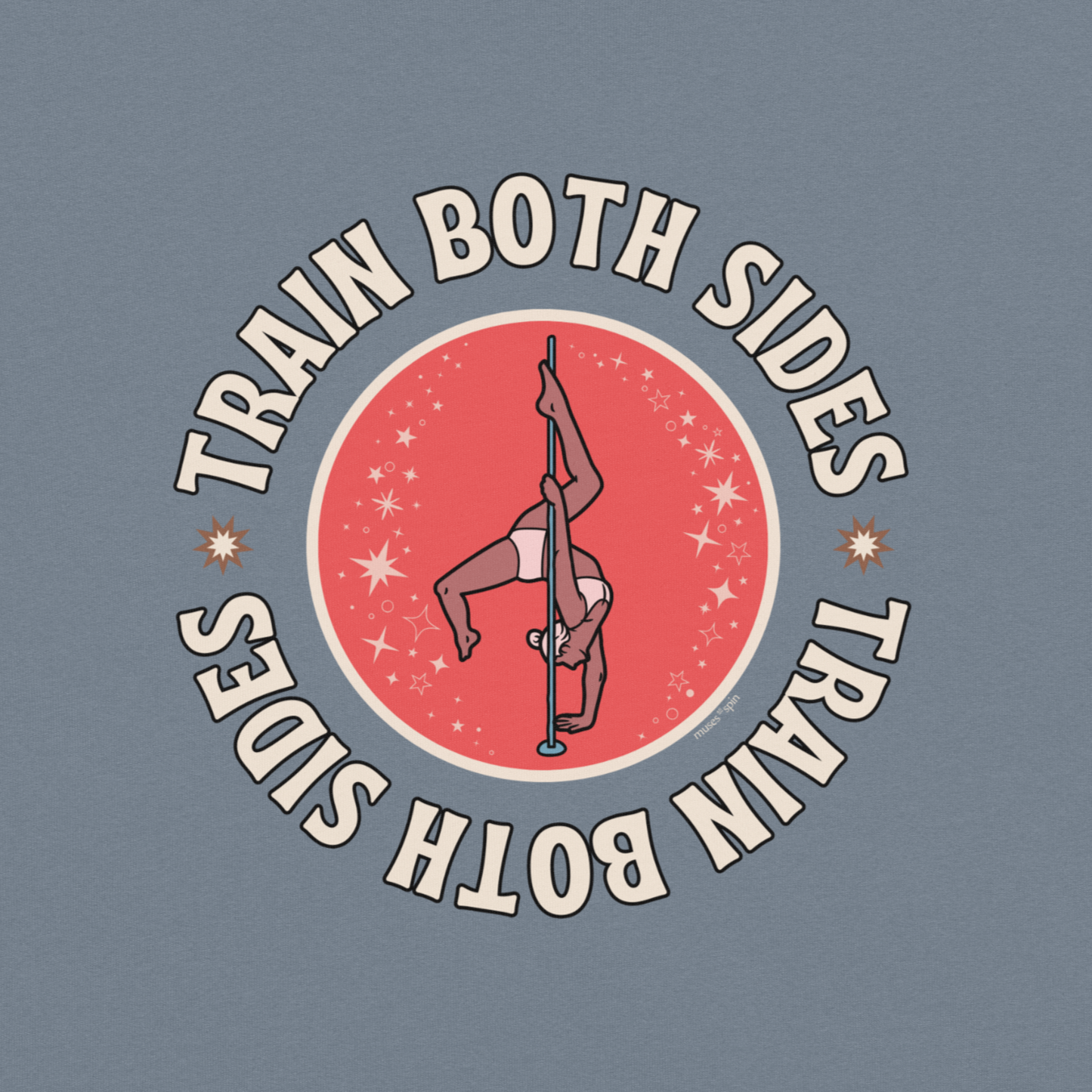 Close-up of a graphic stating "Train Both Sides" and including a pole dancer completing an inversion on the pole.