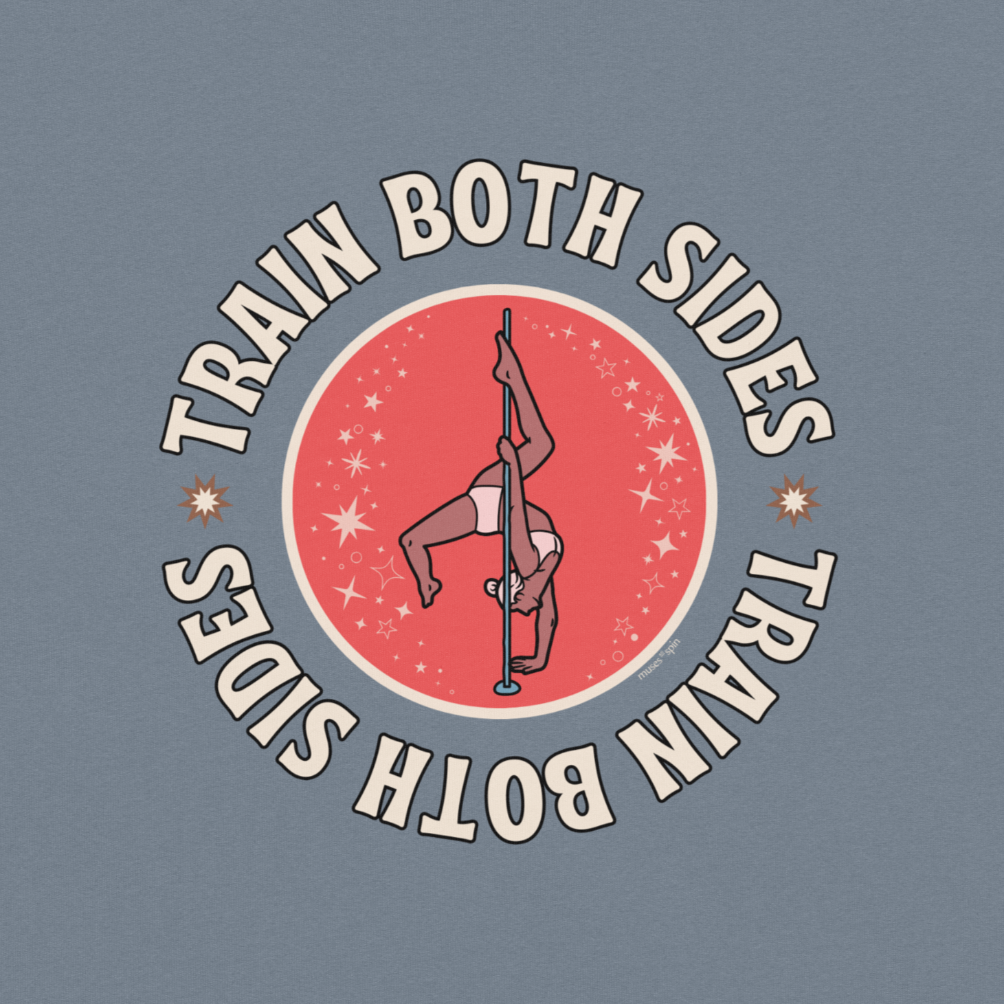Close-up of a graphic stating "Train Both Sides" and including a pole dancer completing an inversion on the pole.