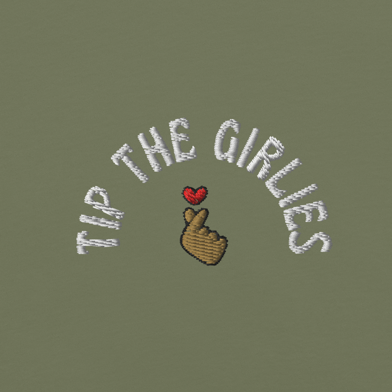 Close-up of the embroidery design saying "Tip the Girlies".