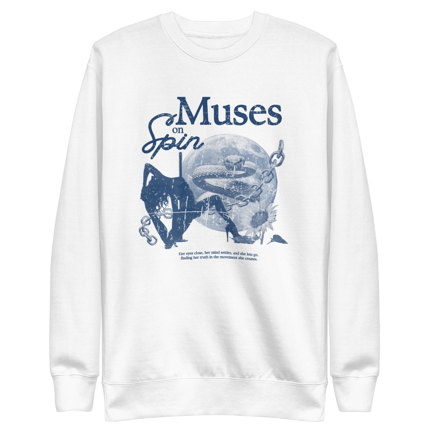 White sweater with a blue graphic that includes a dancer, a moon, a snake, a chain, a flower and the text "Muses on Spin".